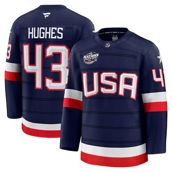 Mens USA #43 Quinn Hughes Navy 2025 4 Nations Face-Off Stitched Jersey Dzhi->olympics usa jerseys->NHL Jersey
